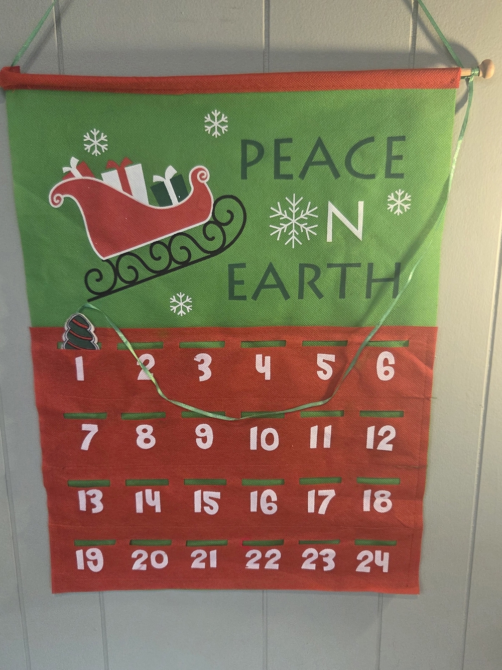 Peace on Earth Green and Red Advent Calendar Wall Hanging 15" × 20"